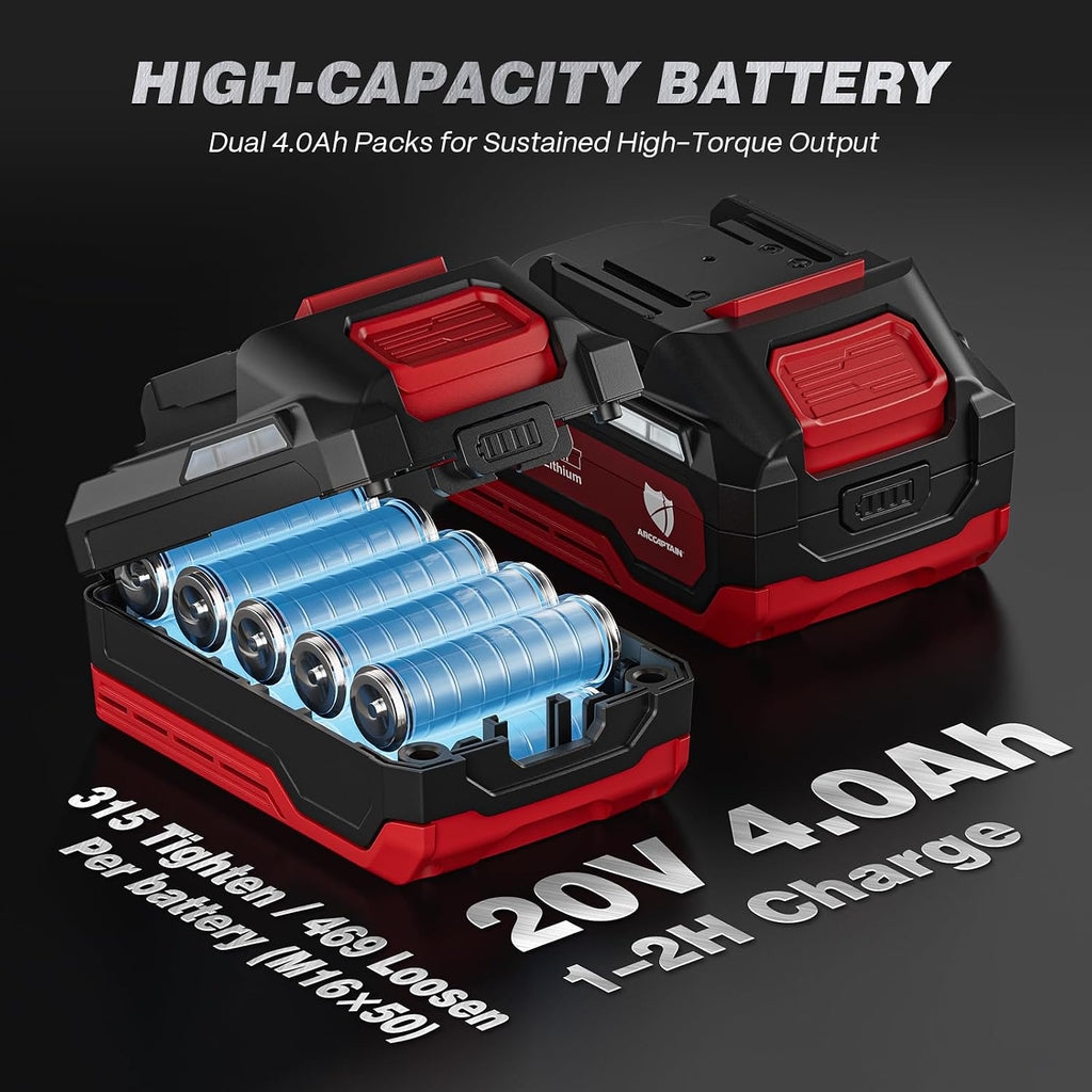ARCCAPTAIN Cordless Impact Wrench, 1500N.m (1106Ft-lbs) 1/2' High Torque Impact Gun, 15C High-Rate 2x4.0Ah Batteries, 20V Power Impact Driver, Supports Up to 40mm Socket for Heavy Truck/Car/Pickup