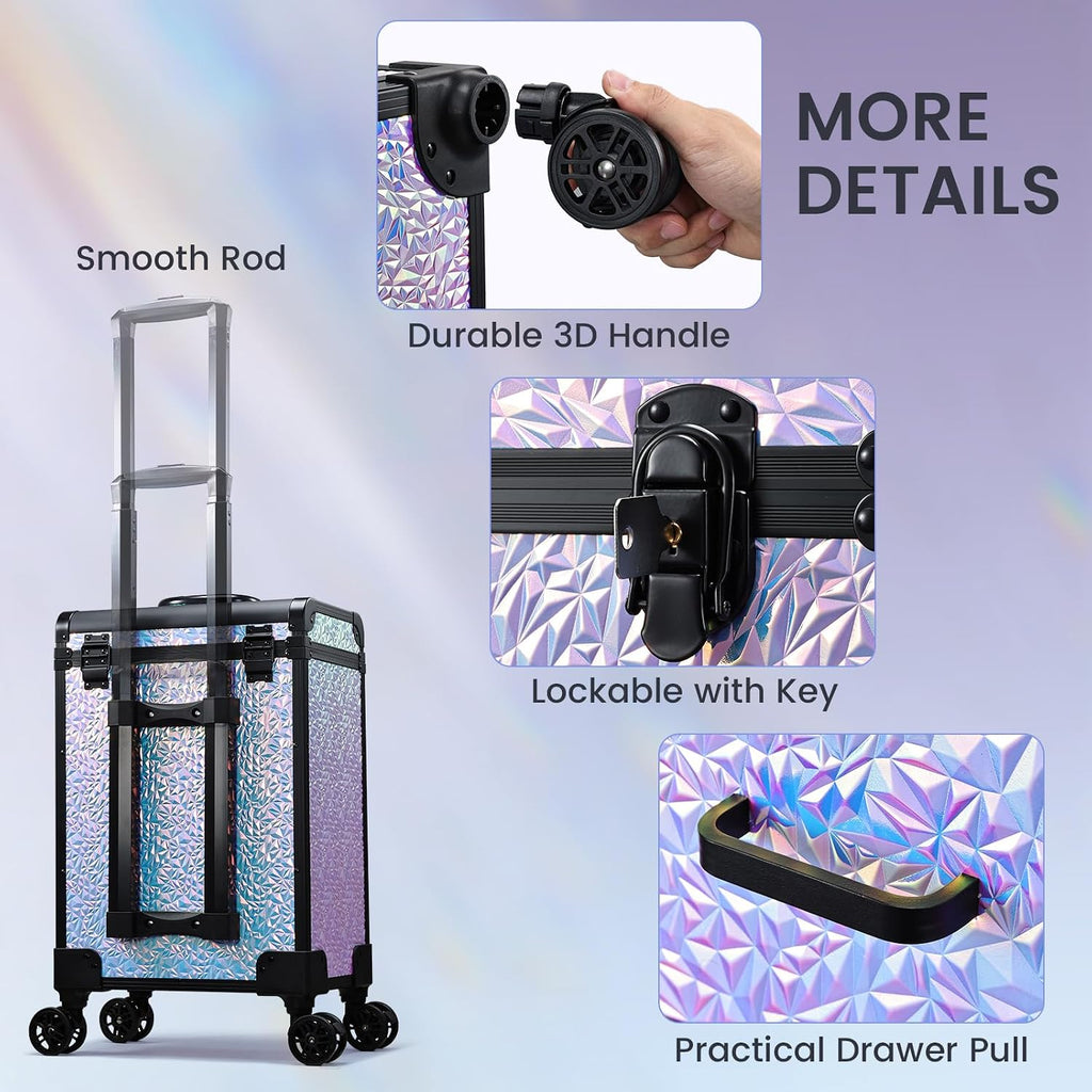 Professional Rolling Makeup Train Case with Drawers, Large Cosmetic Trolley with Locks, Cosmetics Storage Organizer Make up Case for Travel Makeup/Nail Art/Hair Styling, Shiny Pink