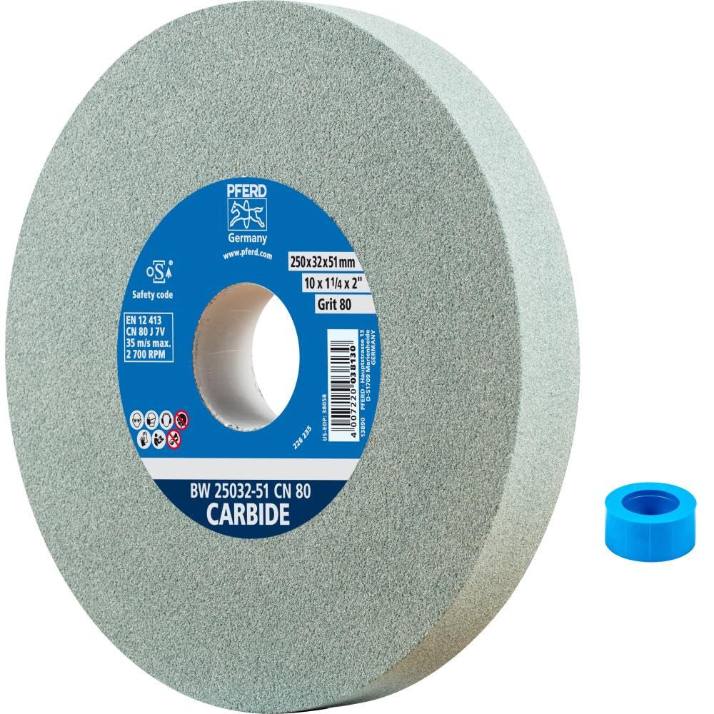 PFERD Vitrified Bench Grinding Wheel - Carbide, 10' Diameter, 1-1/4' Thick, 2' Arbor, 80 Grit, Silicon Carbide, for Carbide Tool Sharpening and Grinding - Part 61697