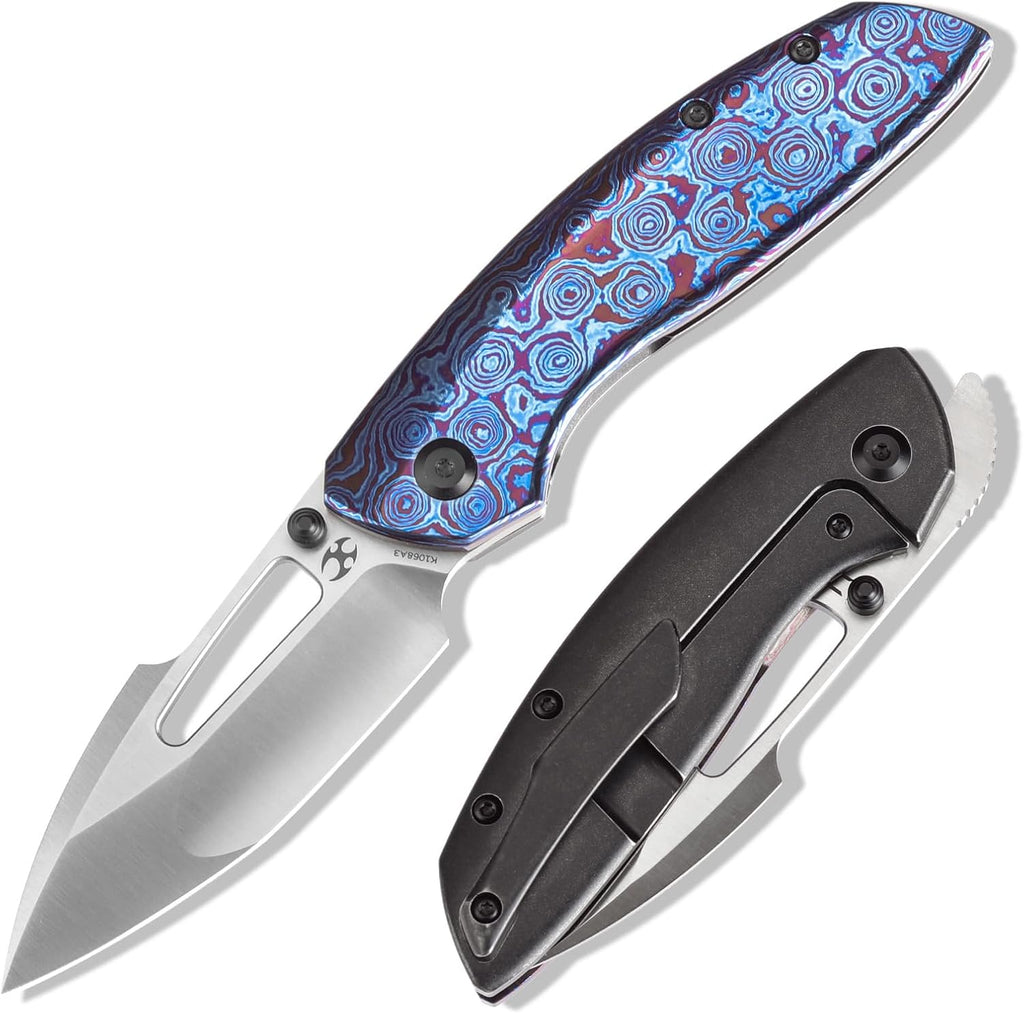 KANSEPT Link Pocket Folding Knives for Men EDC Camping Hiking Folding Knife for Men Women 3'' Satin CPM 20CV Blade Material Pocke Knife with Timascus + Blackwash Titanium Handle Everyday Carry K1068A3