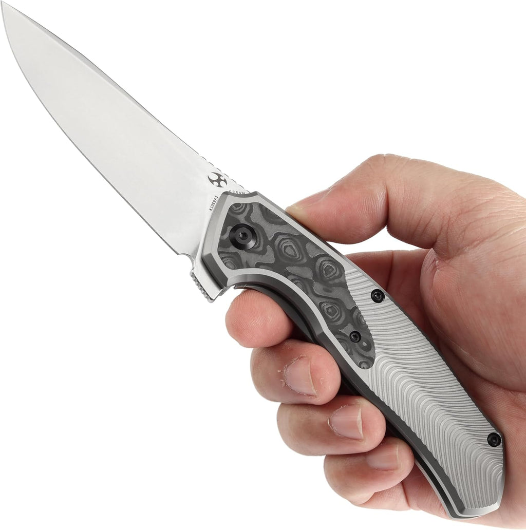 KANSEPT HAVØRN Pocket Folding Knives Camping Hiking Folding Knife 3.48'' Stonewashed CPM S35VN Blade Pocke Knife with Titanium Rose Pattern Carbon Fiber Handle Everyday Carry K1069A2