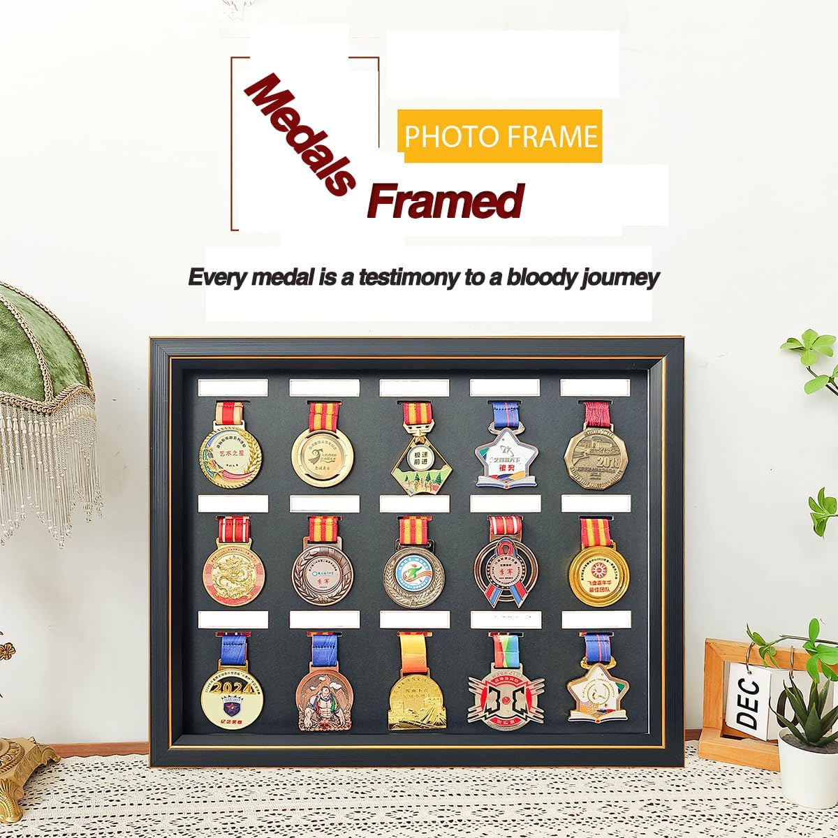 Medals Framed - Medal Display Box - 3D Medal Box Photo Frame Marathon Medal Display Stand, Handwritten Label to Record Event Information, Triathlon, Football Gymnastics, All Sports Medals Badges