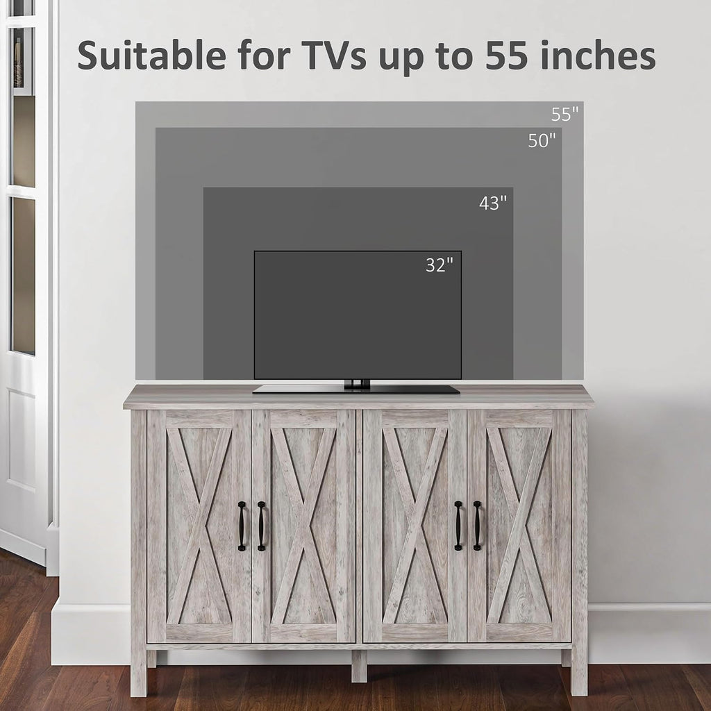 HOMCOM Buffet Cabinet, 47' Sideboard with 4 Barn Doors and 2 Adjustable Shelves, Farmhouse Coffee Bar Cabinet, Gray Wood Grain