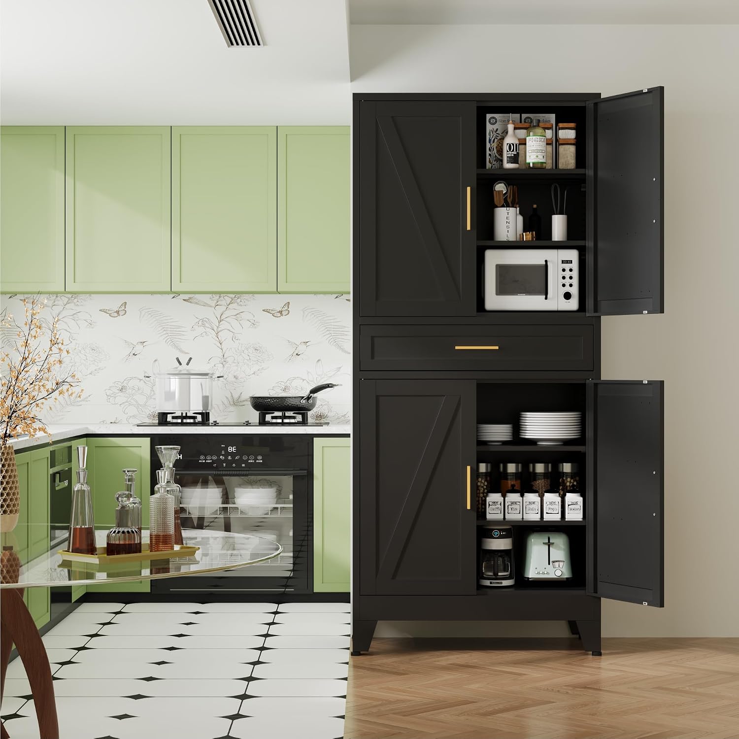 QINPTWUT 71' Farmhouse Pantry Cabinet in Black, with 4 Doors & Center Drawer, Tall Food Cabinet with Adjustable Shelves, Freestanding Steel Cupboard for Kitchen, Dining Room, Pantry, Garage