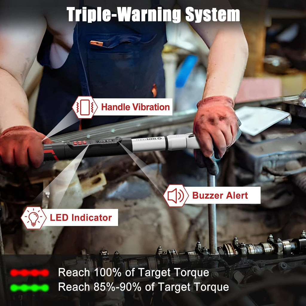VANPO Adjustable Digital Torque Wrench, 5-99.6Ft.lb/6.8-135Nm, ±2% Accuracy, HVAC Torque Wrench with Interchangeable 38mm Jaw & 1/2' Ratchet, Buzzer, Vibration and LED Alert for Split AC, Moto, Car