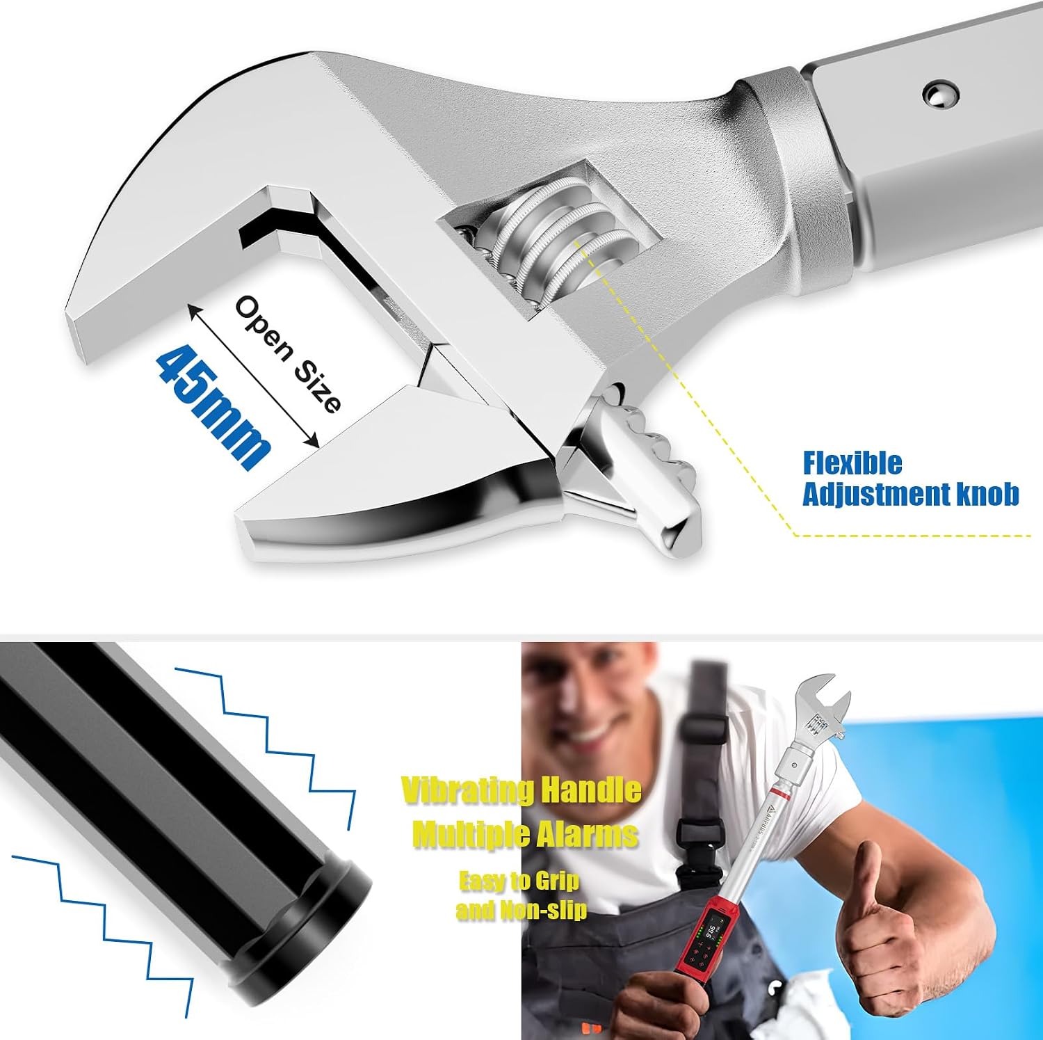 ANPUDS Adjustable Digital Torque Wrench, 1.5-99.6 Ft.lb, ±1% Accuracy | 2-135Nm, 45mm Jaw & 1/2' Ratchet, 14×18mm Open End, Vibration, Buzzer, LED Indicator for HVAC, Split AC, Motorcycle, Plumbing