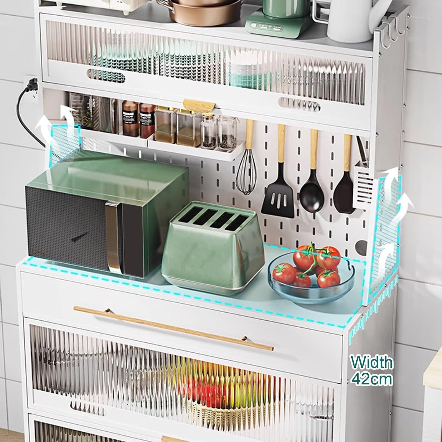 5-Tier Standing Kitchen Baker's Rack, 5 Tiers Storage Cabinet for Kitchen, with Drawers, for Kitchen Hutch, Home, Office, Pantry(White,60cm)