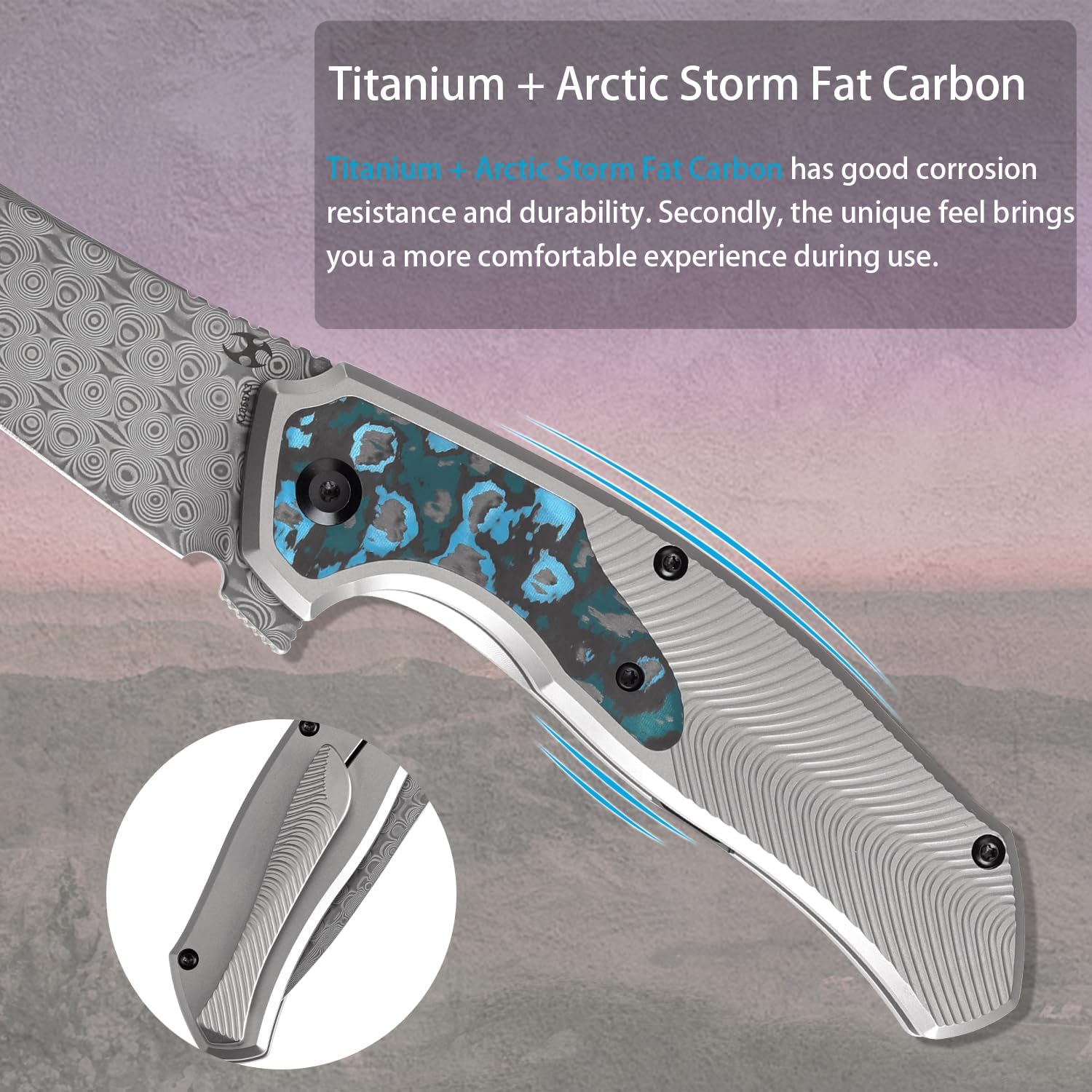 KANSEPT HAVØRN Pocket Folding Knives for Men Women Camping Hiking Folding Knife 3.48'' Damascus Blade Material Pocke Knife with Titanium Arctic Storm Fat Carbon Handle Everyday Carry K1069A3