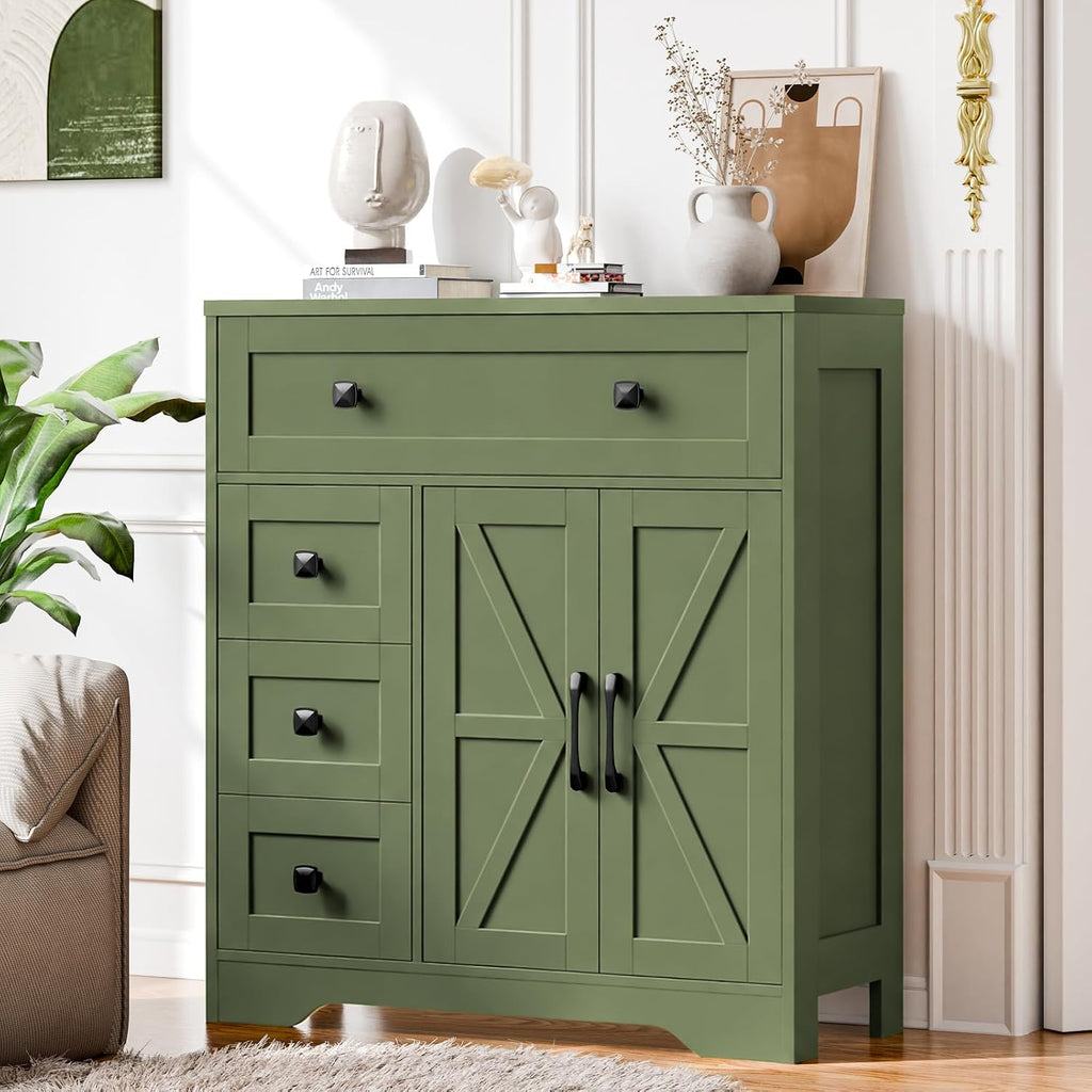 Vabches Farmhouse Storage Cabinet with 2 Doors and 4 Drawers, Freestanding Bathroom Storage Cabinet Kitchen Pantry, Floor Hutch Cupboard for Bathroom/Living Room/Kitchen.Green