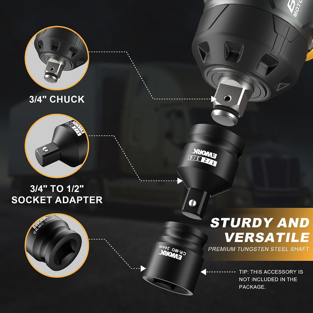 EWORK 3/4' Cordless Impact Wrench 21V Heavy Duty Electric Wrench Max 1500 Ft-lbs, Brushless Motor, High Torque Impact Gun with 6.0Ah Battery & 3/4' to 1/2 Inch Socket Adapter for Heavy Truck/Pickup