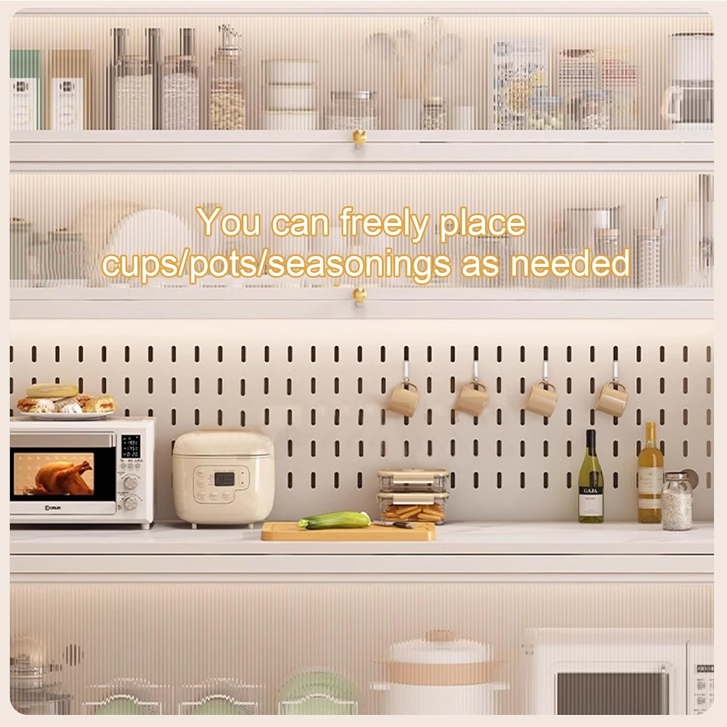Microwave Storage Stand,Kitchen Baker's Rack with Flip Door Cabinet, 6-Tier Microwave Stand 4 Hooks, Kitchen Storage Rack, for Home, Office, Pantry(White,80cm)