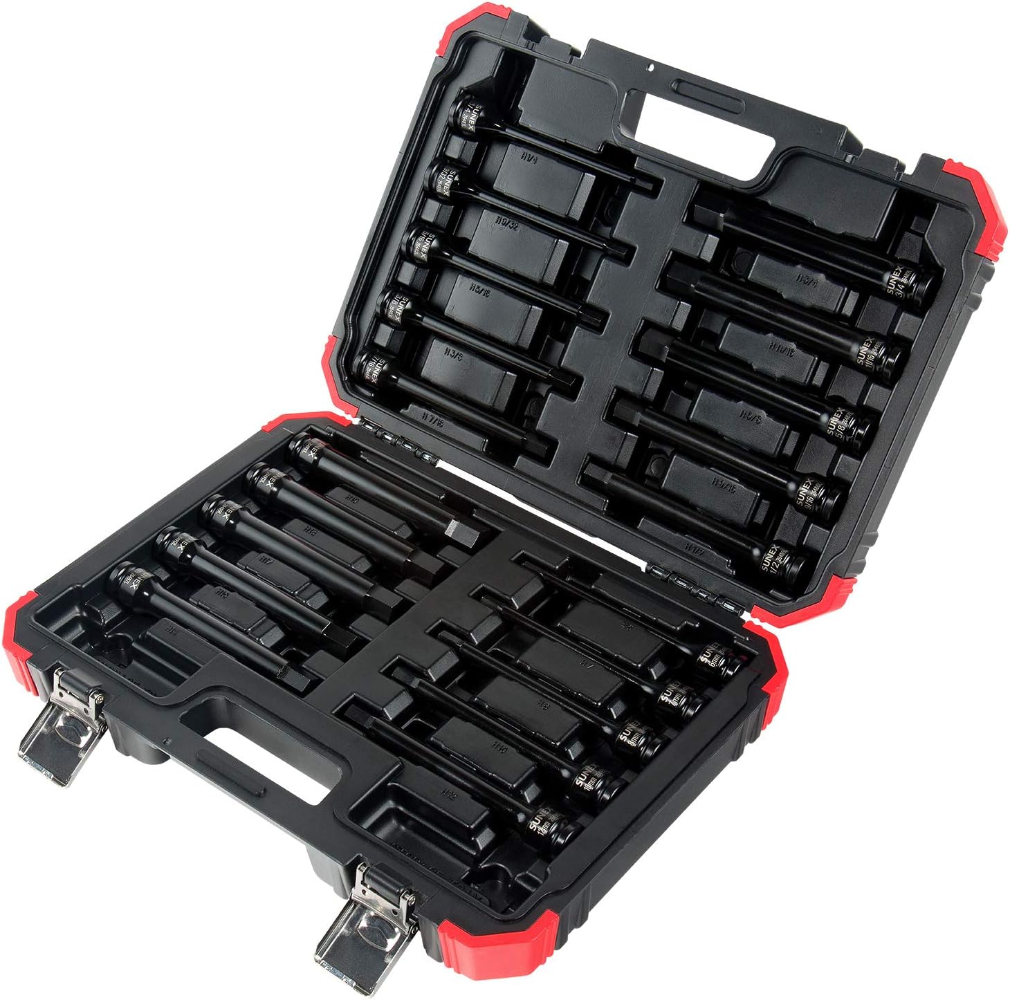 Sunex 2637L, ½' Drive, 6' Long Master Impact Hex Driver Set & Sunex 3646, 3/8 Inch Drive Low Profile Impact Hex Driver Set, 16-Piece, SAE/Metric, 1/4 Inch - 3/4 Inch, 6mm - 19mm