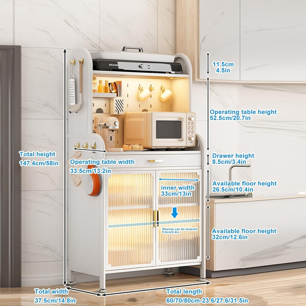 Kitchen Cabinet Storage, Microwave Stand with Flip Door and Pegboard, Large Kitchen Storage Shelves with 8 Hooks, 4-Tier Free Standing Kitchen Bakers Rack for Garage Pantry Kitchen Home White (Color