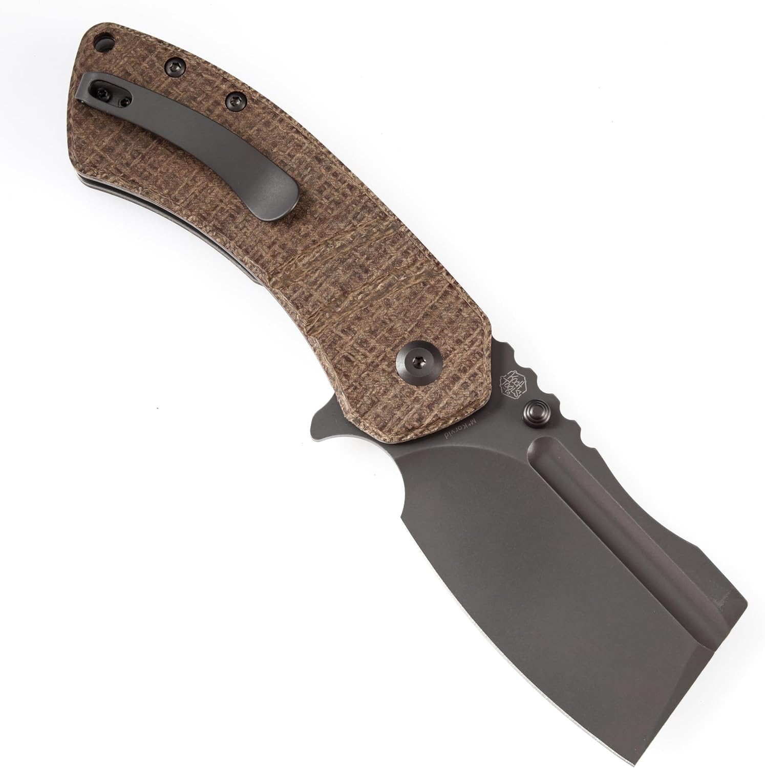 KANSEPT M+ Korvid Pocket Folding Knives Pocket Knife 3.07''Gray Anodized and Stonewashed CPM S35VN Blade,Burlap Brwon Micarta Handle,Cleaver Pocket Camping Knife for Everyday Carry K2030C4U