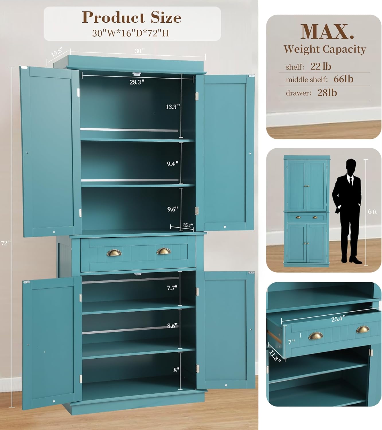 KIGOTY 72' Tall Kitchen Pantry Cabinet with Drawer and 4 Adjustable Shelves, Freestanding Pantry Storage Cabinets, Wood Cupboard Pantry Cabinet for Kitchen, Dining Room, Living Room, Turquoise