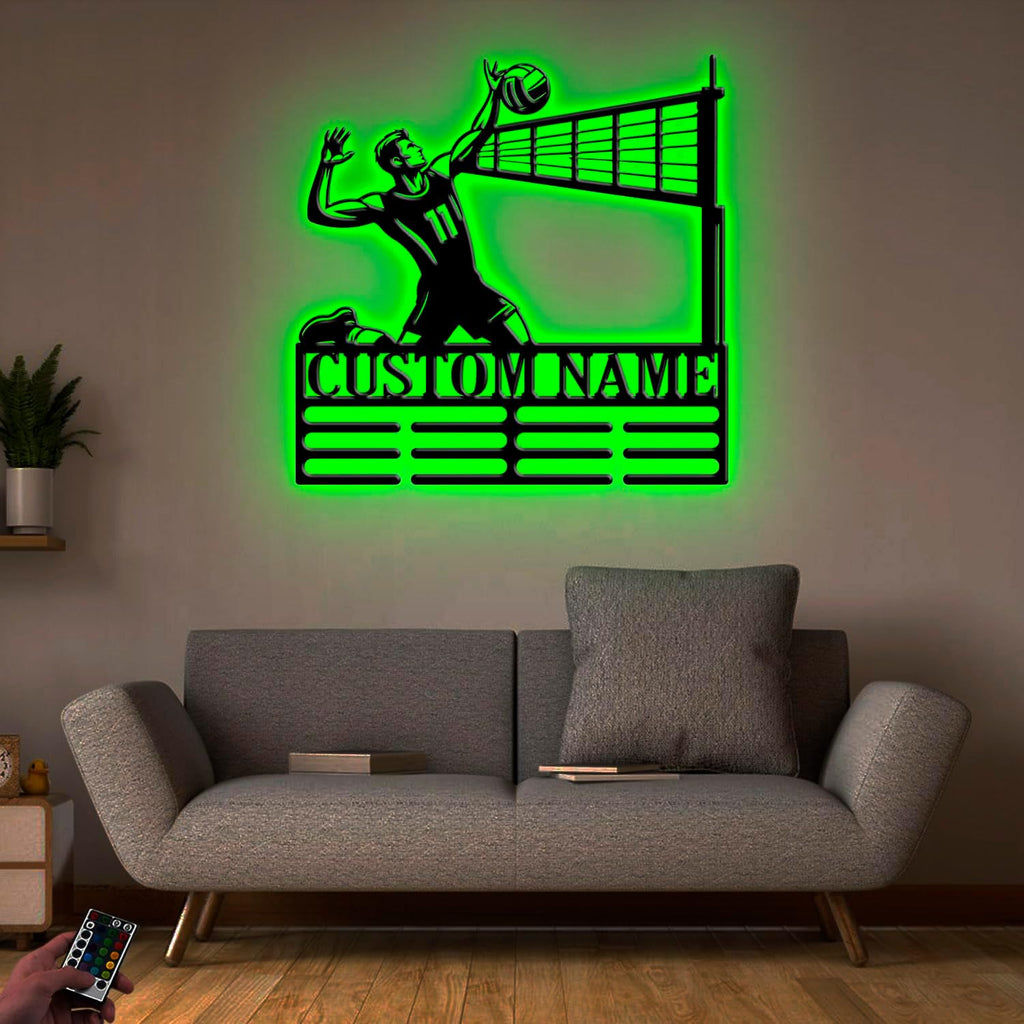 Custom Volleyball Medal Holder LED Light, Volleyball Player Name Medal Hanger Display, Rack For Tiered Award Ribbon, Metal Sign Gift For Athlete Artwork