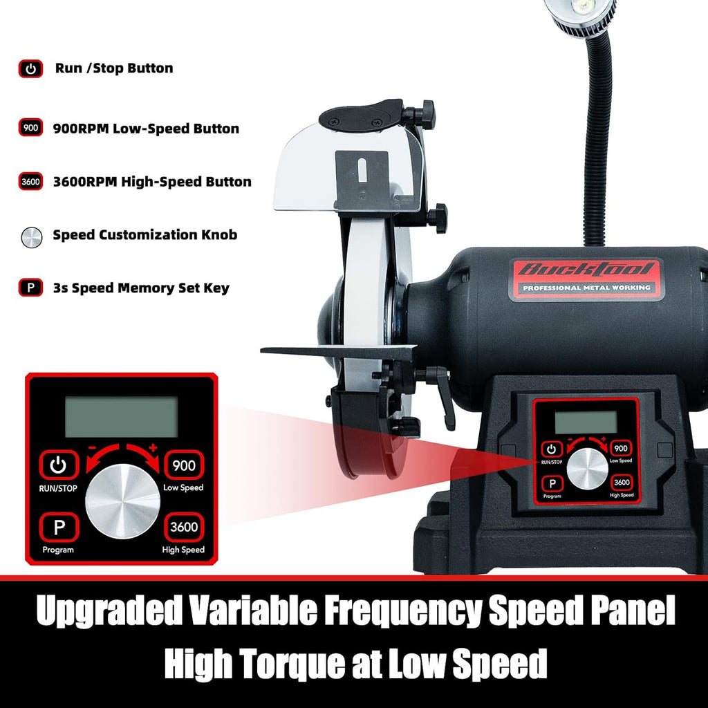 Bucktool 8' VFD Variable Speed Bench Grinder, 1HP Power Professional Wobble-free Wheel Grinder with High/Low Speed Switching for Knife, Metal