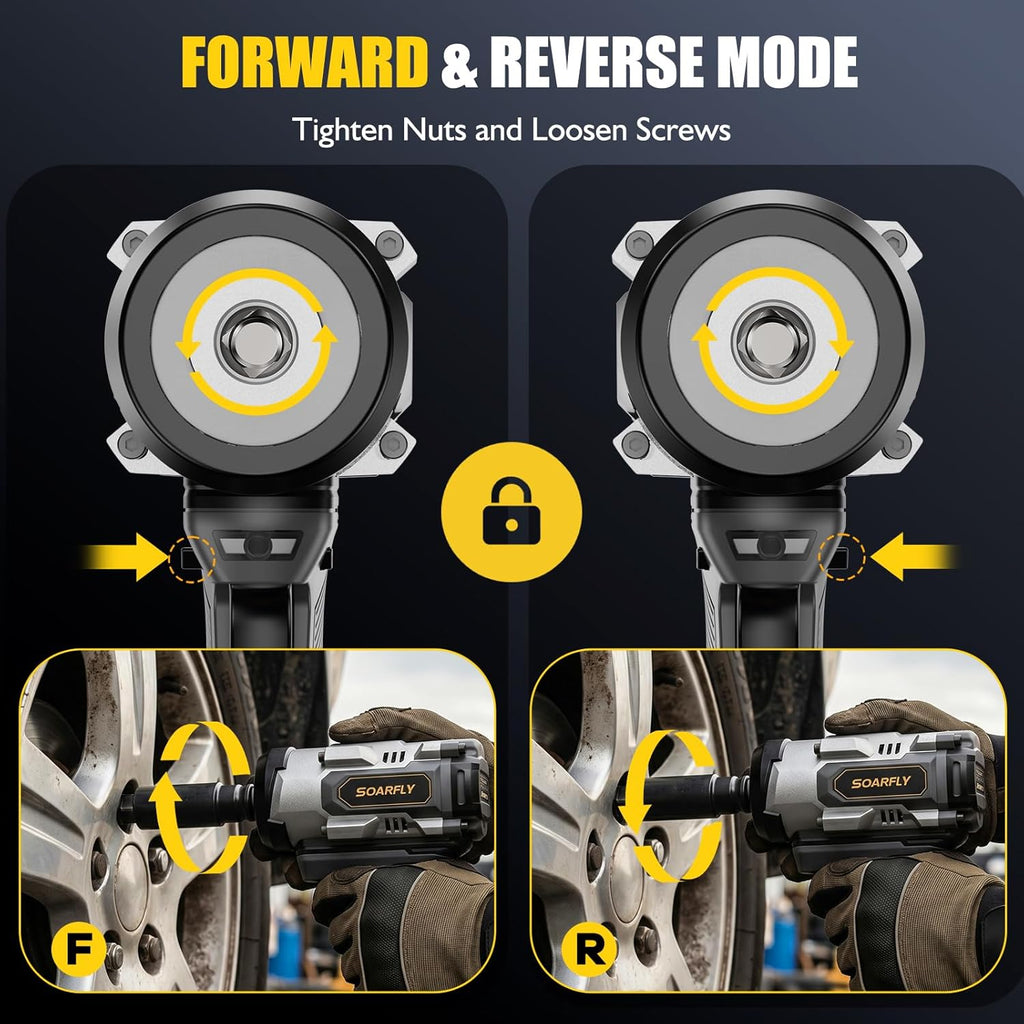 SOARFLY 1/2' Cordless Impact Wrench, 1500N.m (1106 Ft-Lbs) High Torque, 21V Brushless Impact Gun with 2x 4.0Ah Batteries, Variable Speed, LED Light, 5 Sockets for Truck RV Car Heavy Construction