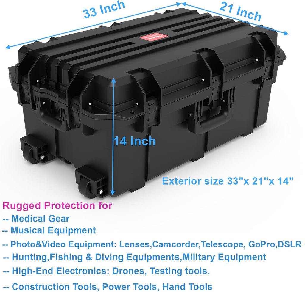 Regetek Waterproof Hard Case, 33 x 21 x 14 Inch, Equipment Case with Wheels/Customizable Foam/Retractable Handle for electronic, tool,cameras, Shockproof,Rolling Hard Case Inner 27.24'x15.6'x11.29'