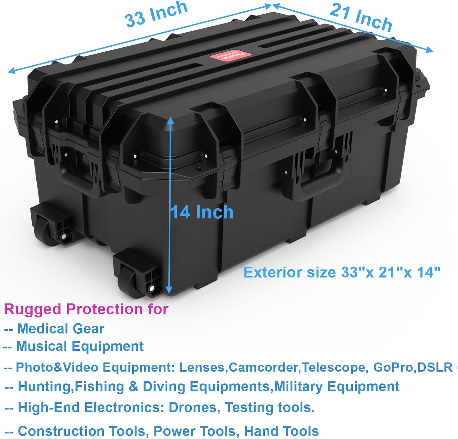 Regetek Waterproof Hard Case, 33 x 21 x 14 Inch, Equipment Case with Wheels/Customizable Foam/Retractable Handle for electronic, tool,cameras, Shockproof,Rolling Hard Case Inner 27.24'x15.6'x11.29'