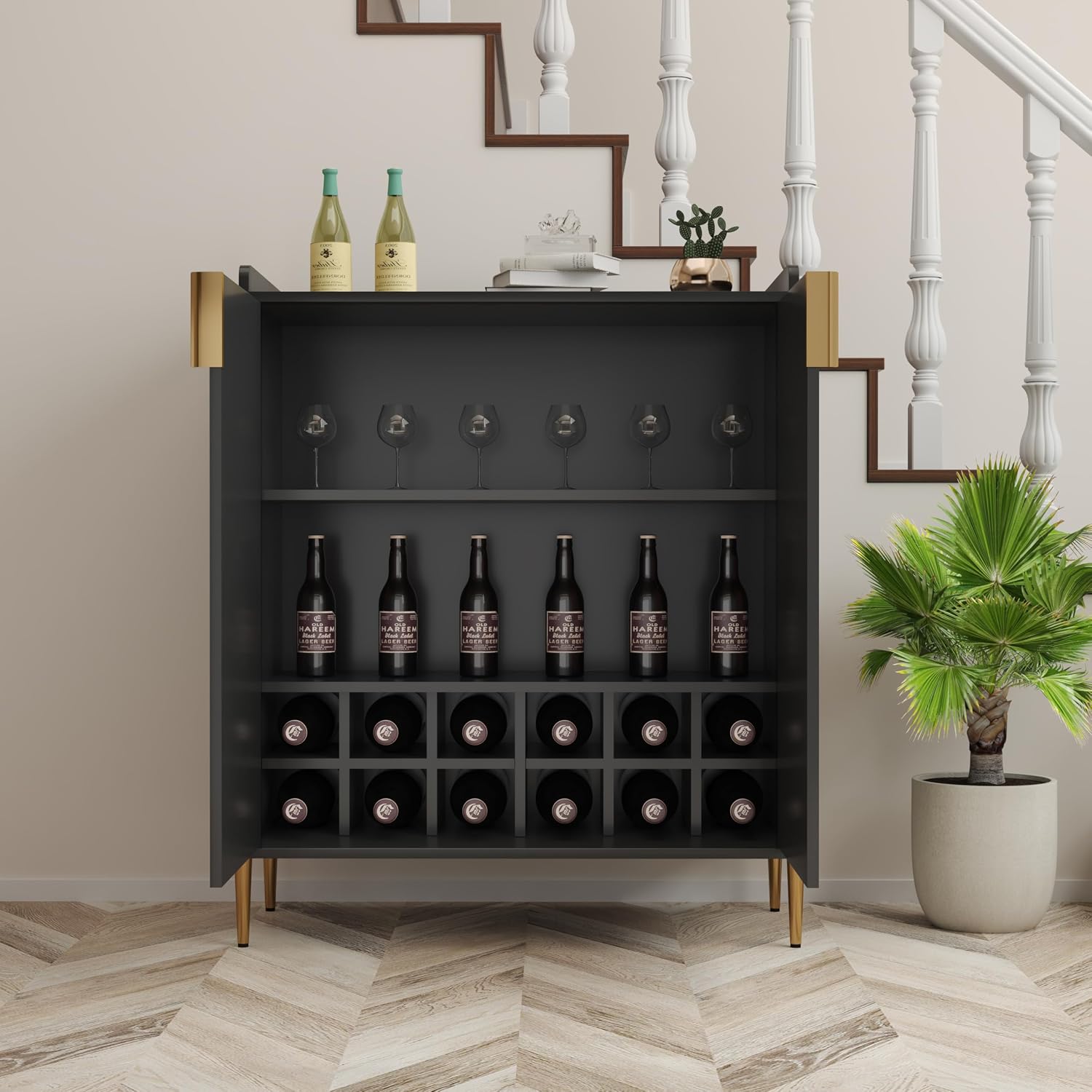 39' Moisture-Resistant Freestanding Storage Cabinet, Kitchen Storage Bakers Rack with Soft-Closing Hinge, Utility Food Cupboard with Wine Bottle Holder for Kitchen Dining Living Room, Black