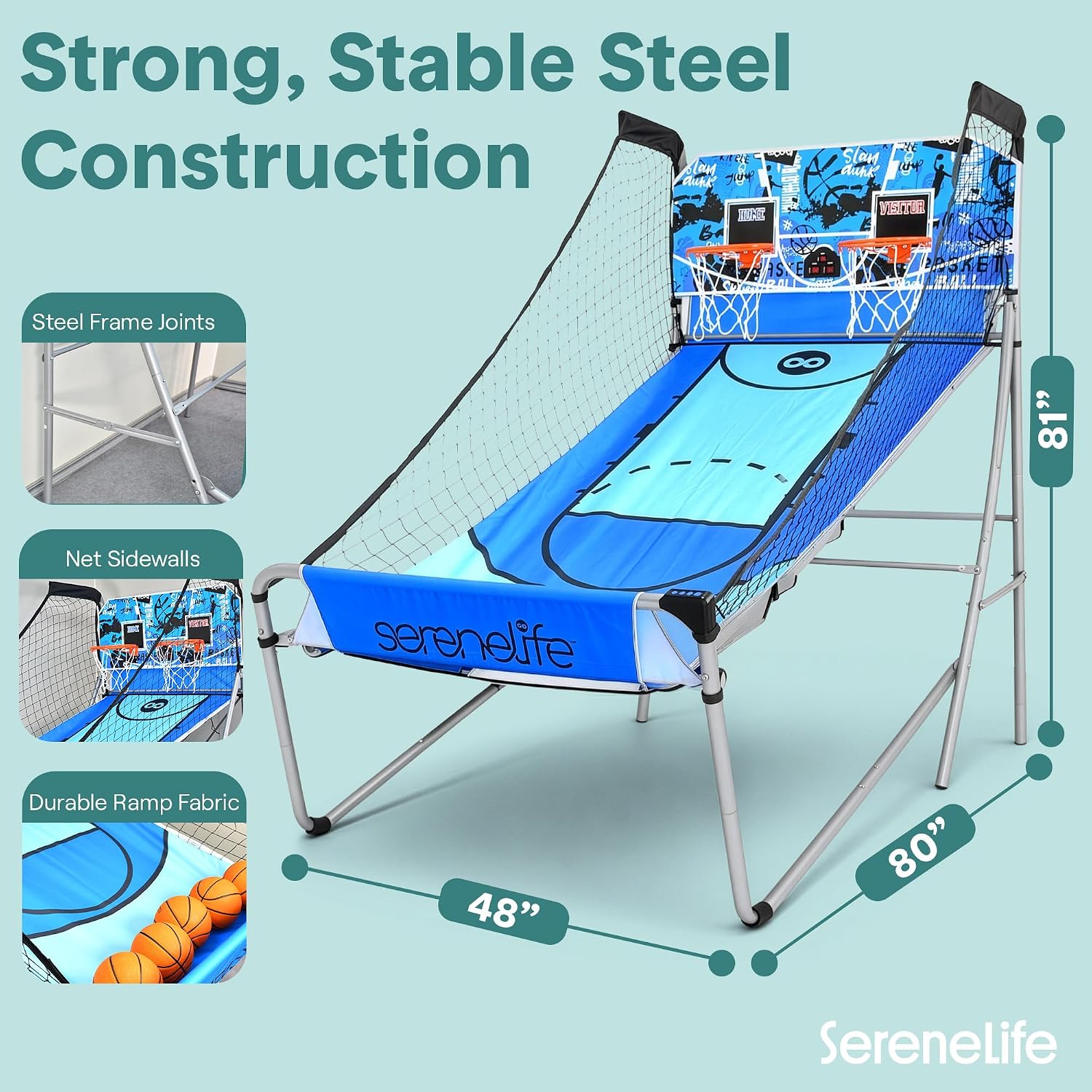 SereneLife Dual Shot Basketball Arcade Game with Electronic Scorer, 8 Game Modes, Indoor Outdoor 2 Player Basketball Shooting Game, Foldable Arcade Set with 5 Balls and Pump