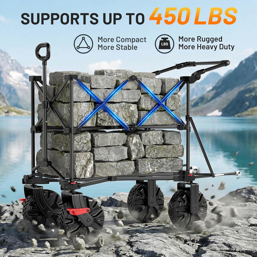 TIMBER RIDGE Push & Pull Double Decker Wagon, 400L Large Capacity Heavy Duty & 450lb Load, Collapsible Cart with All-Terrain Wheels & Brakes, 54' Extended Foldable for Sports, Beach, Camping, Black
