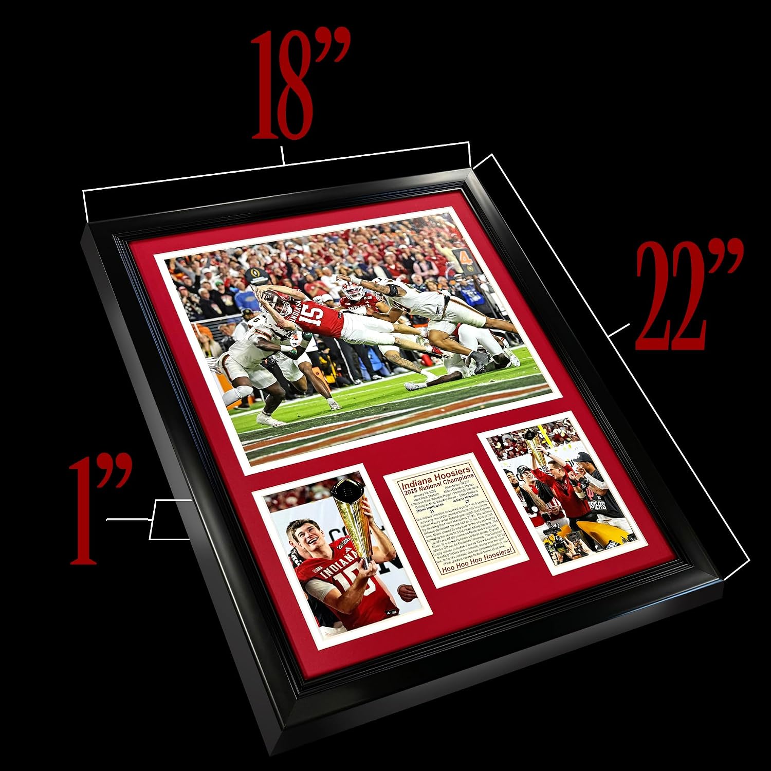 Indiana Hoosiers | 2025 CFP National Champions | Collectible Hoosier Football Memorabilia | Framed Picture & Photo Collage Gift, Man Cave Wall Art, Home & Room Decor | 2 Sizes & 2 Styles (Mendoza Dive, 18'x22')
