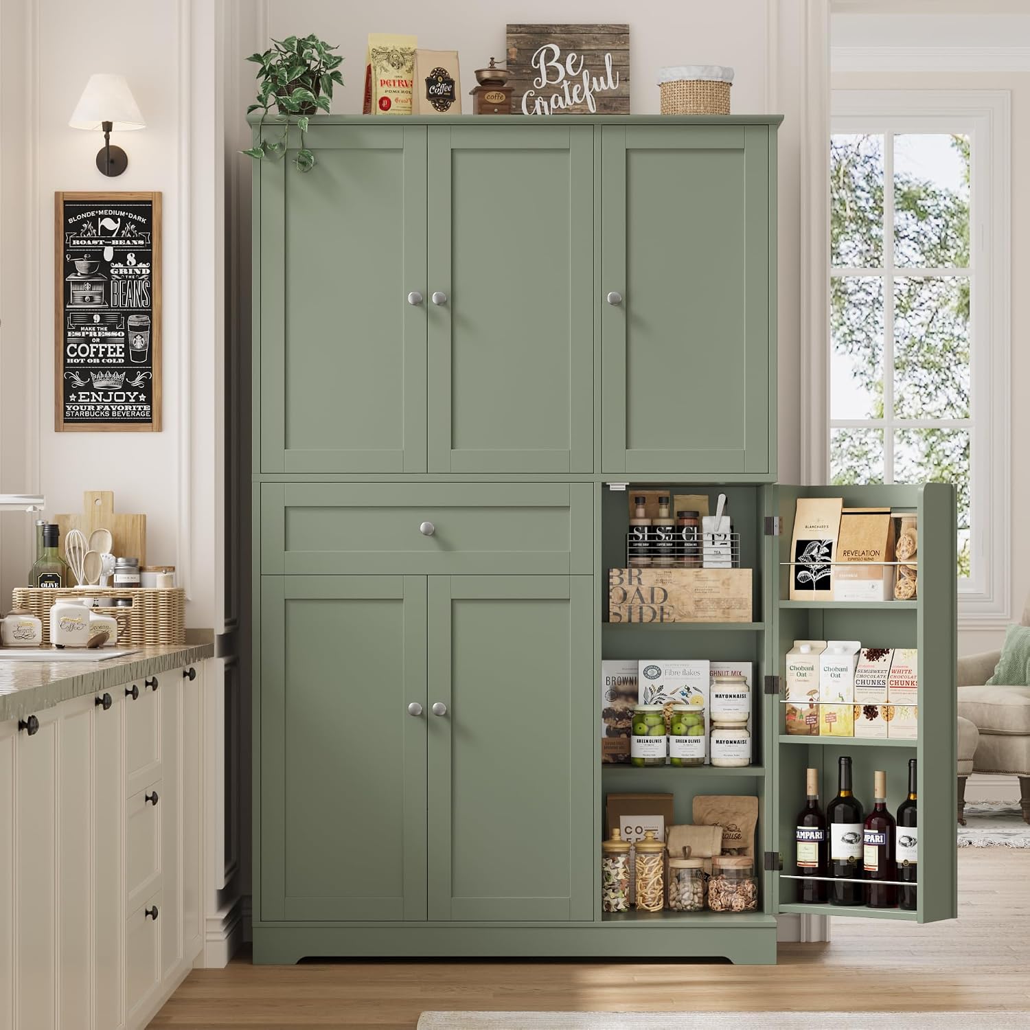 HOSTACK 68' Tall Kitchen Pantry Storage Cabinet, Modern Kitchen Hutch Cabinet with Doors and Shelves, Freestanding Food Pantry with Large Storage Drawer for Dining Room, Living Room, Green