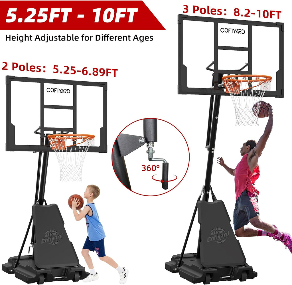 Cofiyard Basketball Hoop Outdoor with 44&48&54In Shatterproof Backboard, 5.25-10FT Height Portable Basketball Hoop with Sandbag, Adjustable Basketball Goal System