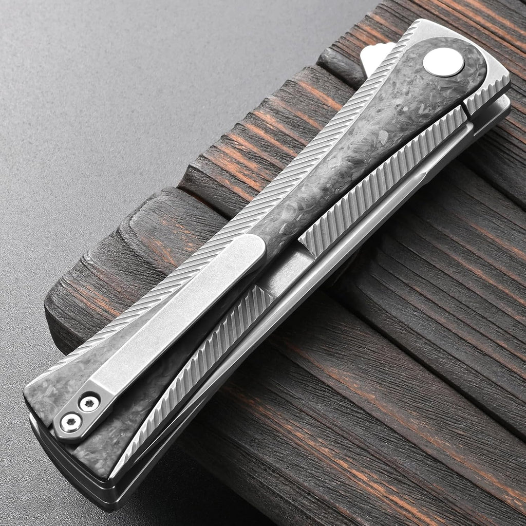 Sitivien ST994 Folding Knife,Handmade M390 Brushed Steel Blade Titanium Carbon Fiber Handle EDC Tool Knife for Outdoor Camping Hiking Survival Working(Gray)
