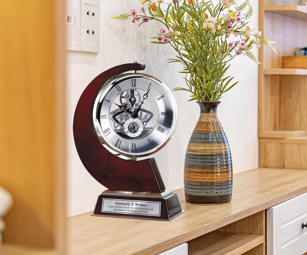 AllGiftFrames Large Gear Da Vinci Desk Clock Which Rotates 360 Degrees with Silver Engraving Plate. Unique, Wedding, Retirement and Appreciation Award