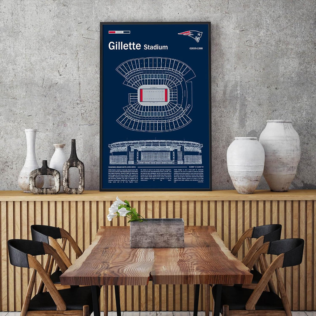 SPASAV (Metal Frame 24'x36') GilletteStadium Stadium Blueprint Canvas Print – New England Detailed Stadium Map Poster, Patriots Fan Decor, Wall Art for Home or Office