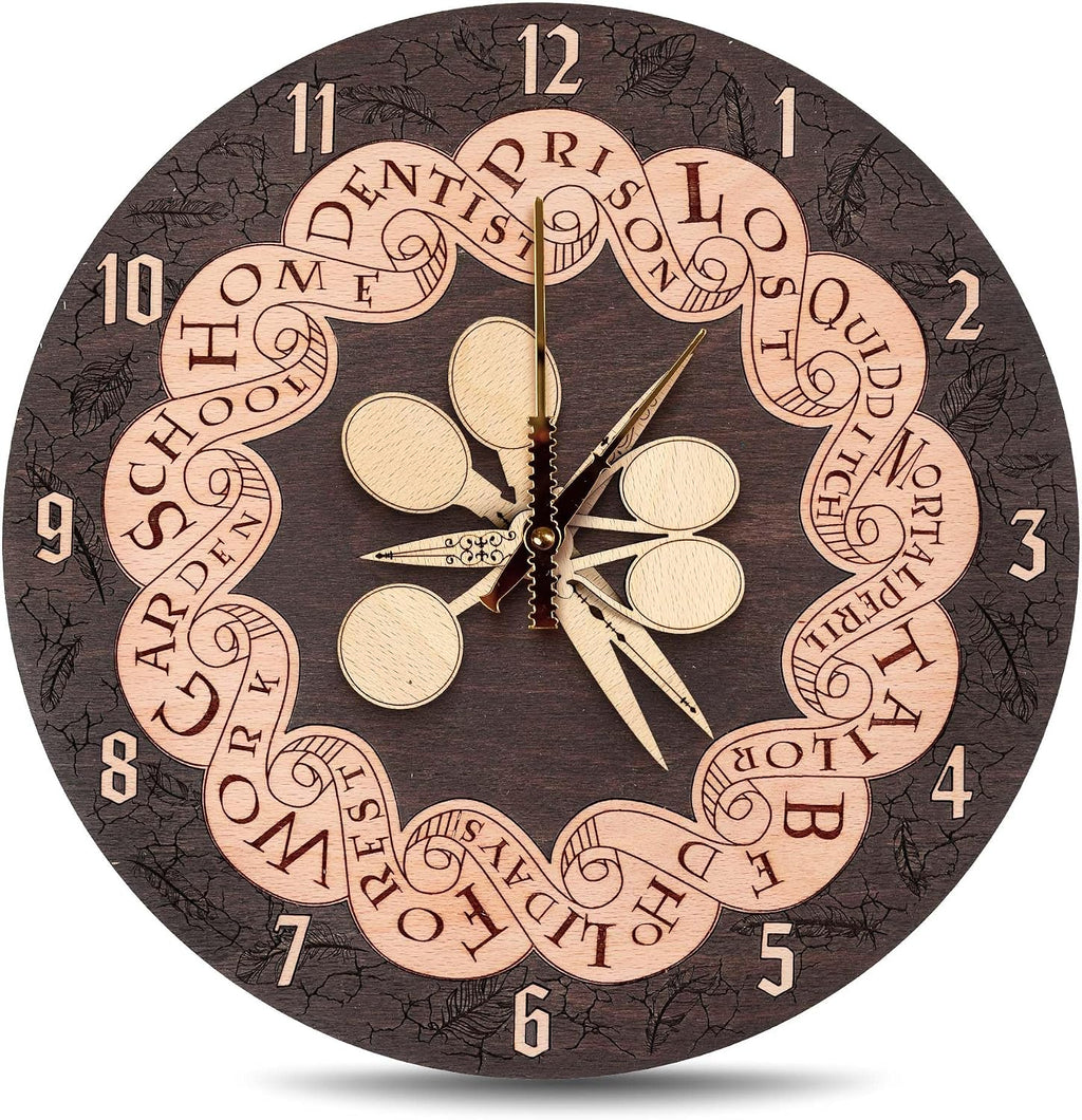 ZE WOOD Weasley Family Round Clock - Harry Potter 3D Wall Clock - Unique Dark Wooden Clock, Silent Large Modern Rustic Decorative Home Decor for Harry Potter Fans (5 spoons, L)