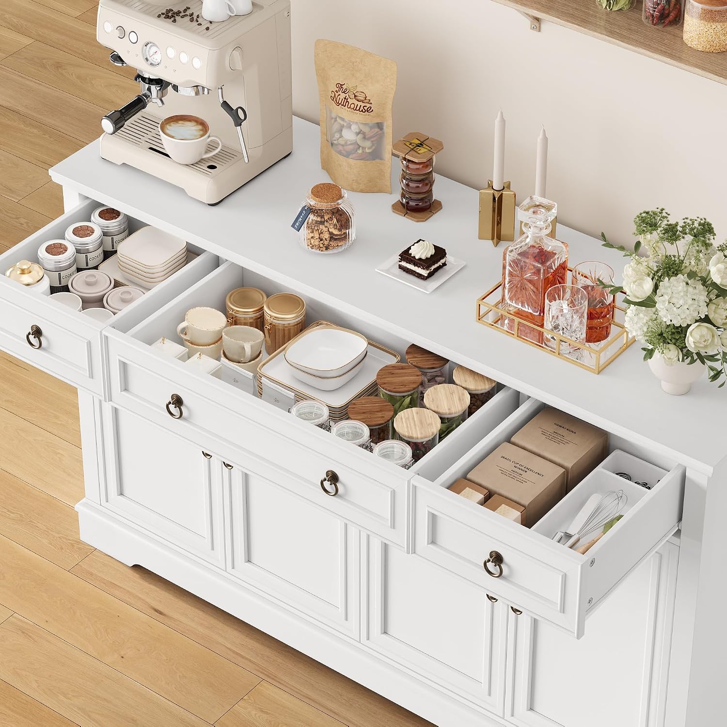 FINETONES Buffet Cabinet with Storage, 52.7' Large Sideboard Buffet Cabinet, White Kitchen Cabinet with 3 Drawers and 4 Doors, Wood Coffee Bar for Kitchen Dining Room, White