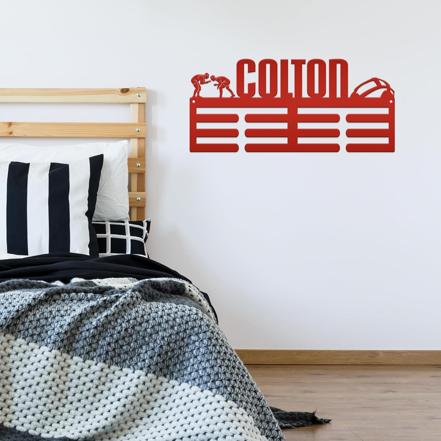 Medal Holder, Custom Wrestling Wall Decor, Personalized Wall Display With Name, Metal Awards Sports Memorabilia, Hanging Ribbon Rack (30 x 17 inches)