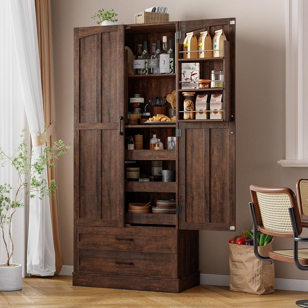 ONBRILL 71' Tall Farmhouse Kitchen Pantry Cabinet with 3 Pull Out Shelves & 2 Large Drawers, Pantry Storage Cabinet with 6 Door Shelf & Adjustable Shelf, Freestanding Cupboard for Kitchen, Dining Room