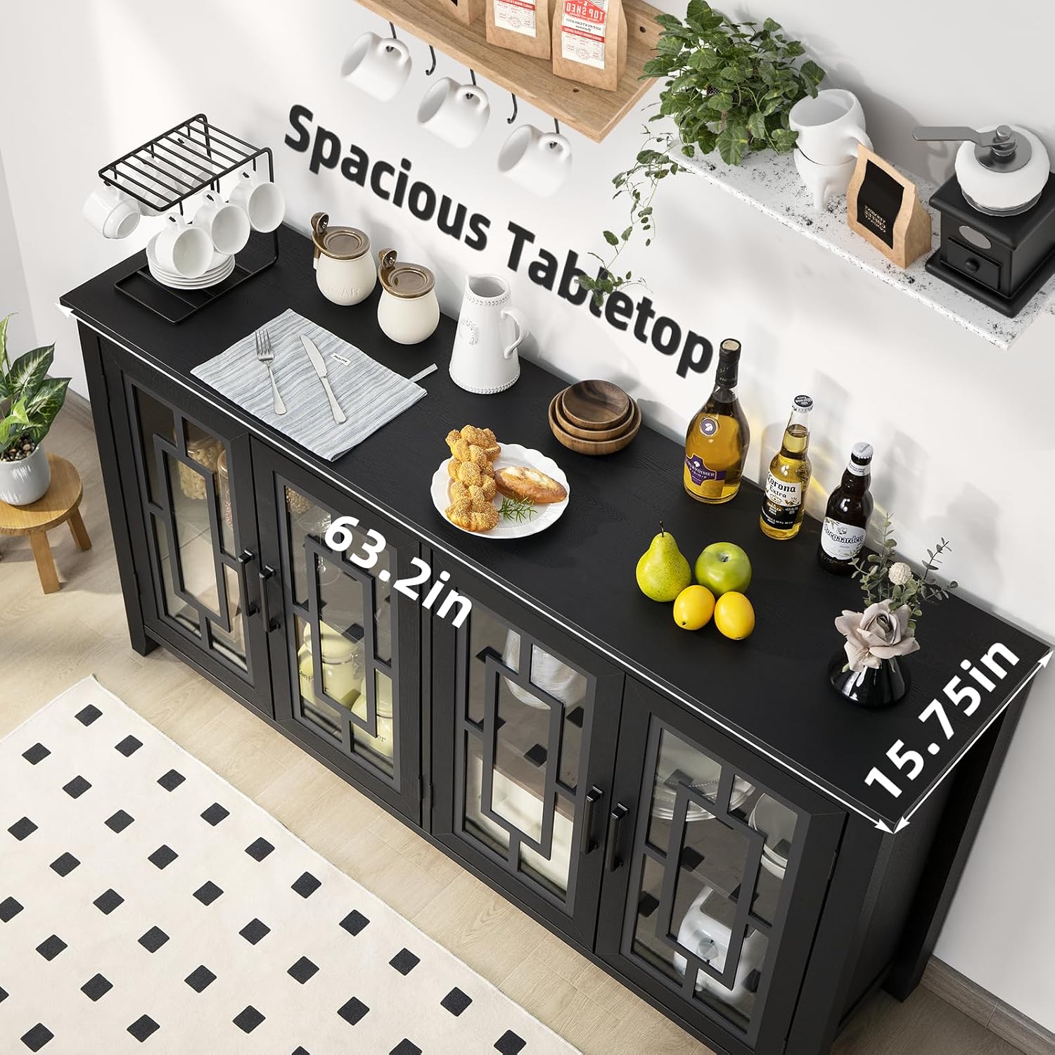 Joaxswe Large Sideboard Buffet Cabinet with Storage, 63' Black Farmhouse Kitchen Coffee Wine Bar Cabinet with 4 Glass Doors, Mid Century Modern Wooden Side Board Table for Dining Room, Living Room