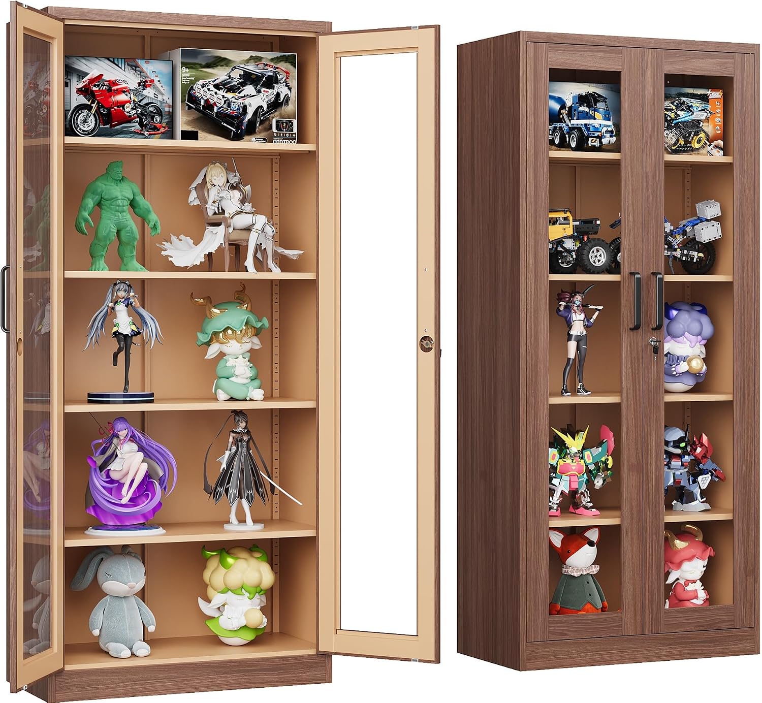 Metal Storage Cabinet with Lock and Glass Doors,Glass Display Cabinet,Tall Storage Cabinets,Locking Curio Cabinets with 5 Shelves for Collectibles,Home,Office,Living Room