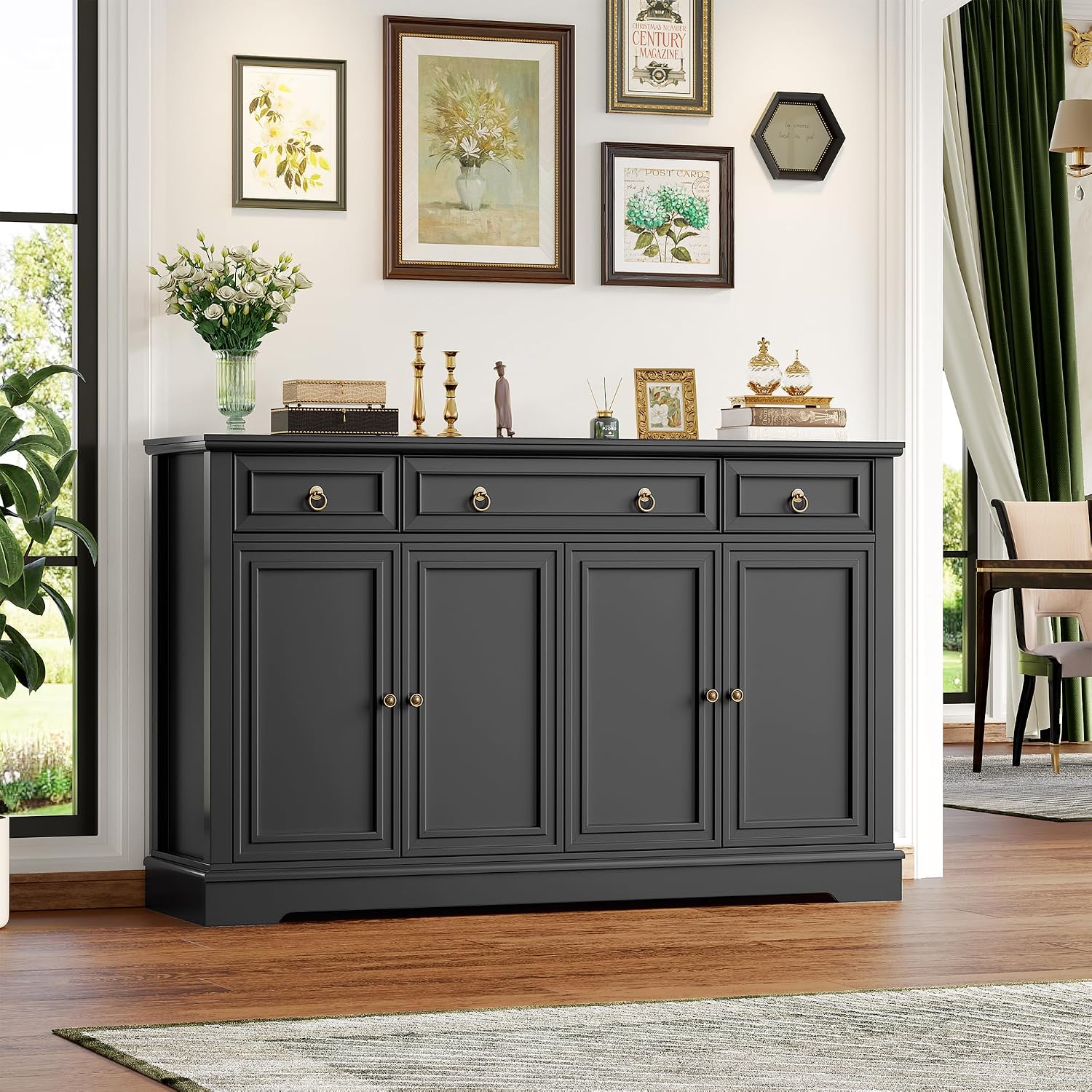 FINETONES Buffet Cabinet with Storage, 52.7' Large Sideboard Buffet Table, Black Kitchen Cabinet with 3 Drawers and 4 Doors, Wood Coffee Bar for Kitchen Dining Room, Black