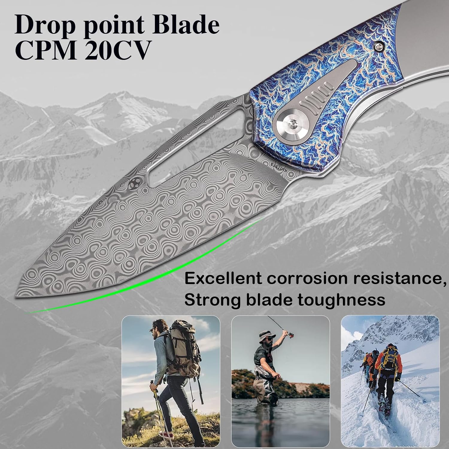 KANSEPT Thoth Pocket Knives for Men 8.05in Folding Pocket Knives with 3.43in Damascus Material and Bead Blasted Titanium Lightning Strike Finished Titanium Inlay Handle K1075T5
