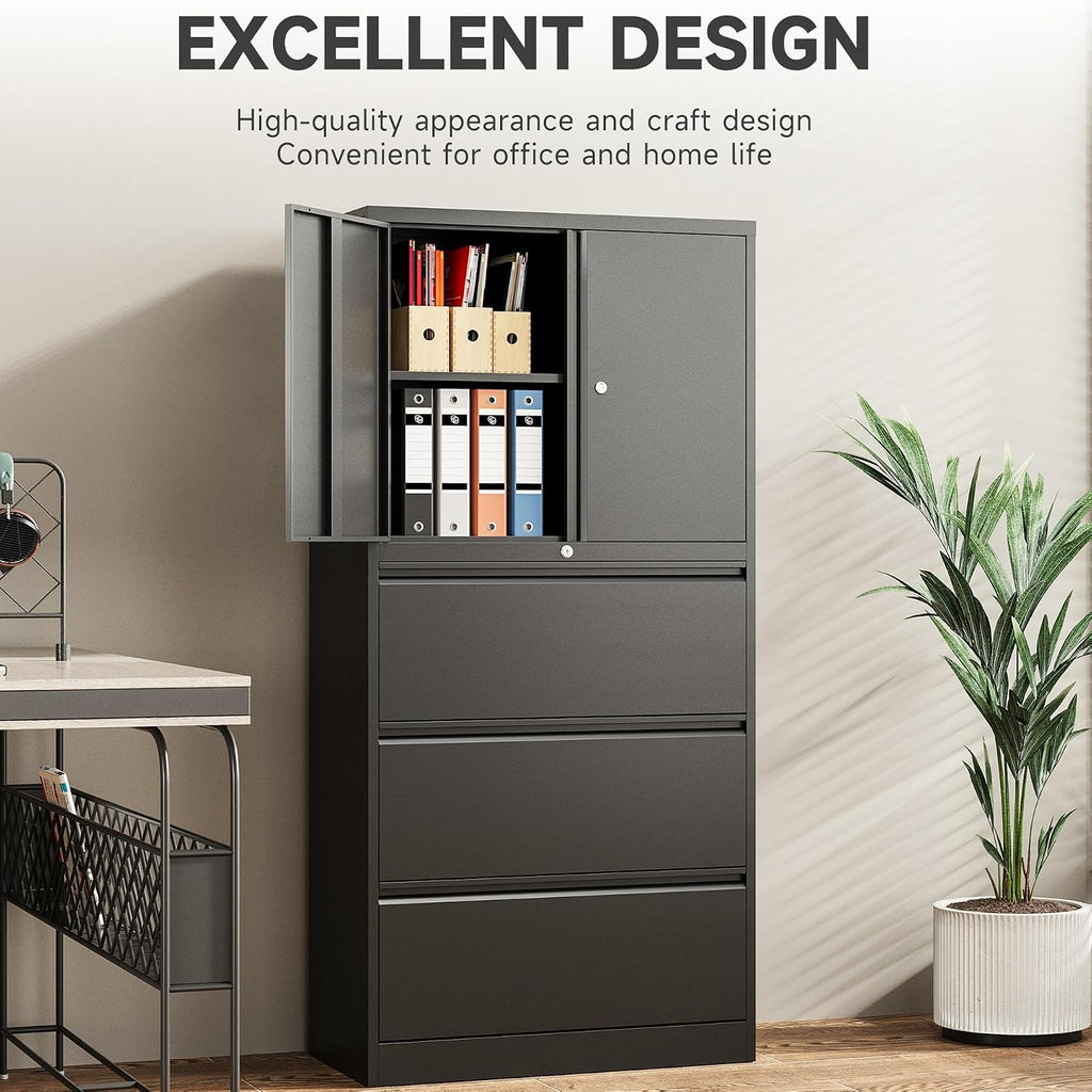SISESOL 3 Drawer Lateral File Cabinet with Lock and Shelf,Black Metal Filling Cabinet with Drawers and Shelf, Locking File Storage Cabinets with Doors and Shelves for Home,Office,Garage,School