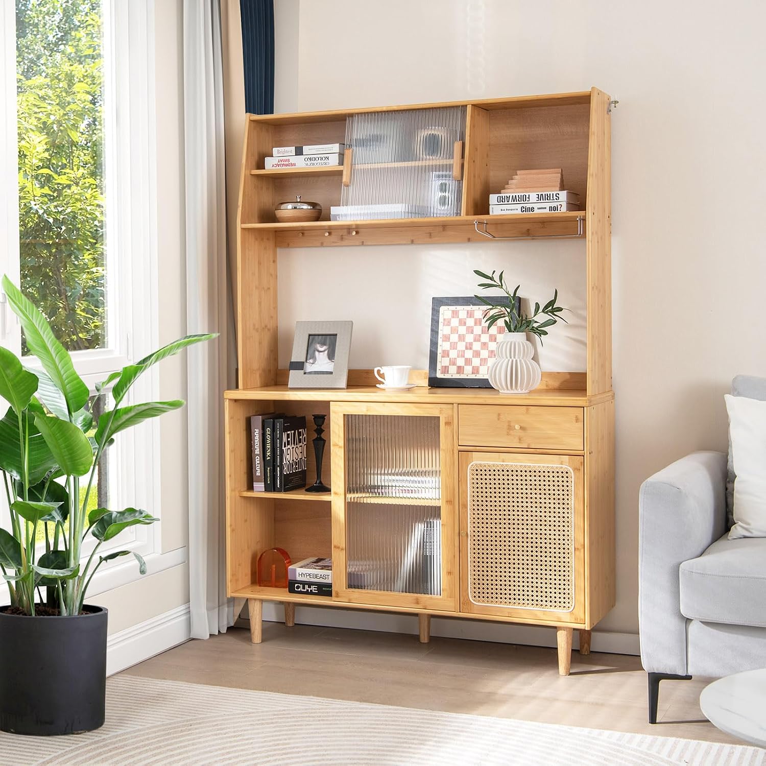 Giantex Pantry Cabinet, 69' Bamboo Hutch Cabinet with Storage, Drawer, Microwave Countertop, Glass Holder, Freestanding Buffet Sideboard with Rattan Door, Tall Cupboard for Kitchen Coffee Bar