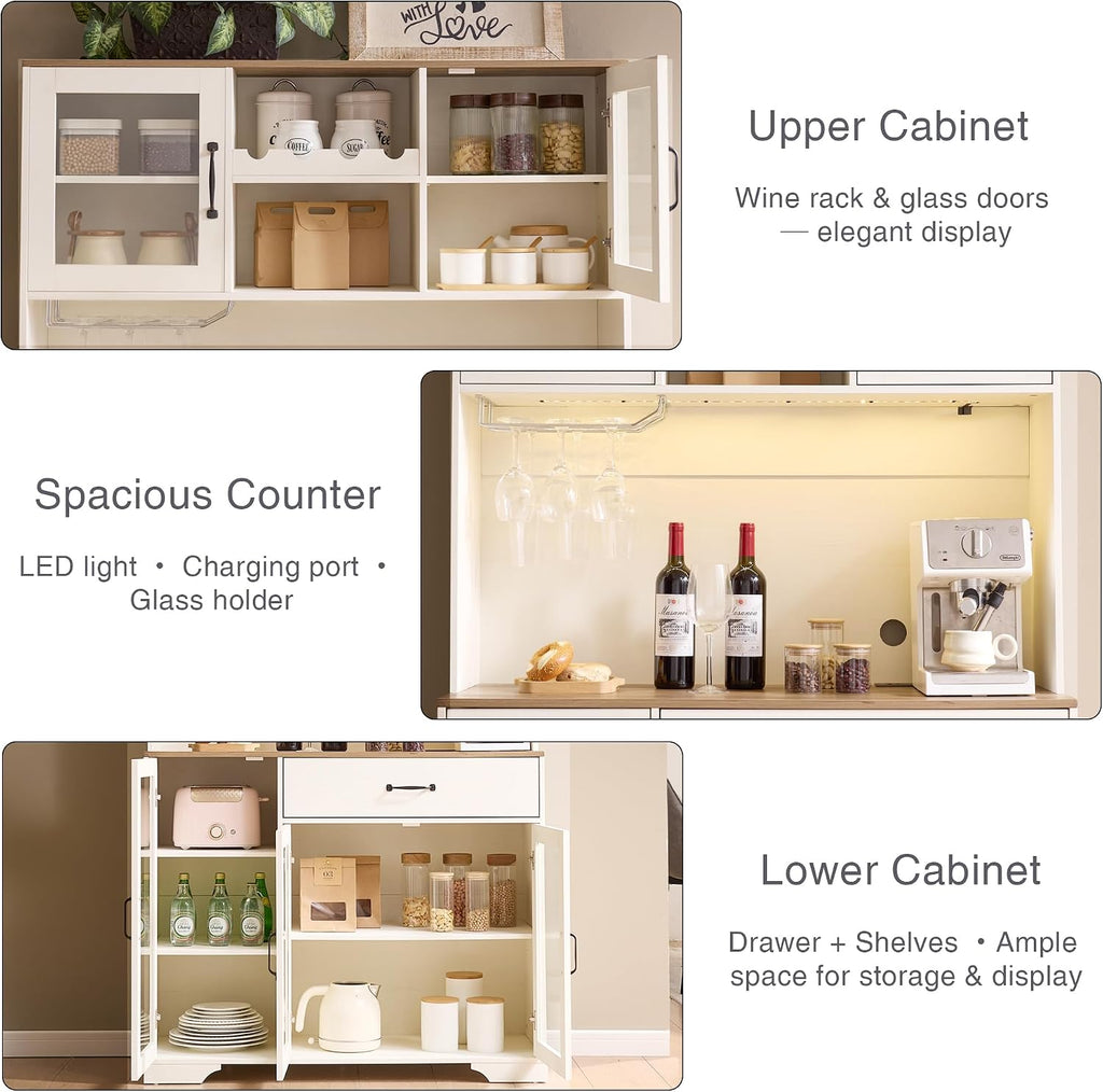 Fatmok 71' Tall Pantry Cabinet with Glass Doors, Kitchen Hutch Storage Cabinet, Coffee Bar & Liquor Cabinet with Charging Station & LED Lights, Wine Rack, Adjustable Shelves & Large Drawer, White