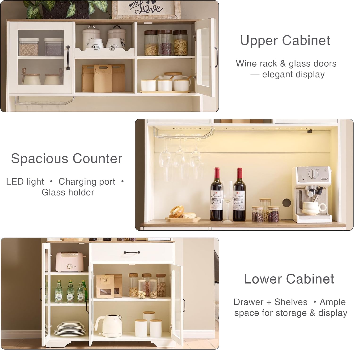 Fatmok 71' Pantry Cabinet with Wine Rack and Charging Station, Set of 2 Tall Coffee Bar Cabinets with LED Lights, Drawer, Adjustable Shelves, Kitchen Hutch Storage,Off-White