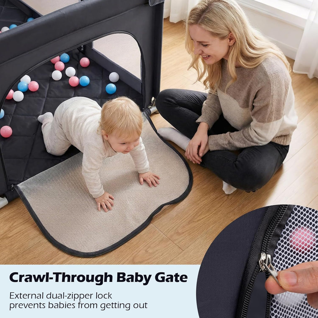 INFANS 74' x 62' Baby Playpen with Soft Mat, Basketball Hoop, 2 Soccer Goals, 4 Handles & 50 Ocean Balls, Breathable Mesh, Large Play Yard for Toddlers (Grey Black)