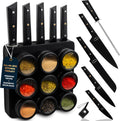 3-in-1 Magnetic Knife Block & Spice Rack Bundle - Ultra Sharp 60 HRC Chef Knife Set, Black Titanium Blades, 9 Spice Tins, Wall Mount Holder - All-in-One Kitchen Organizer + Mini Knife