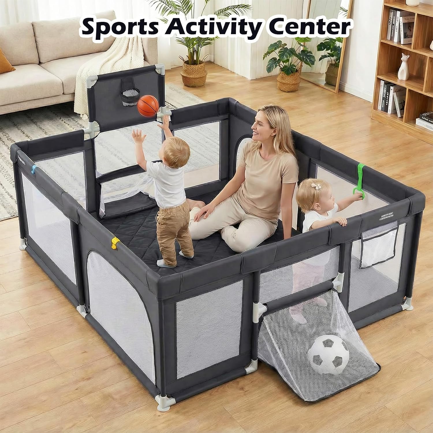 INFANS 74' x 62' Baby Playpen with Soft Mat, Basketball Hoop, 2 Soccer Goals, 4 Handles & 50 Ocean Balls, Breathable Mesh, Large Play Yard for Toddlers (Grey Black)