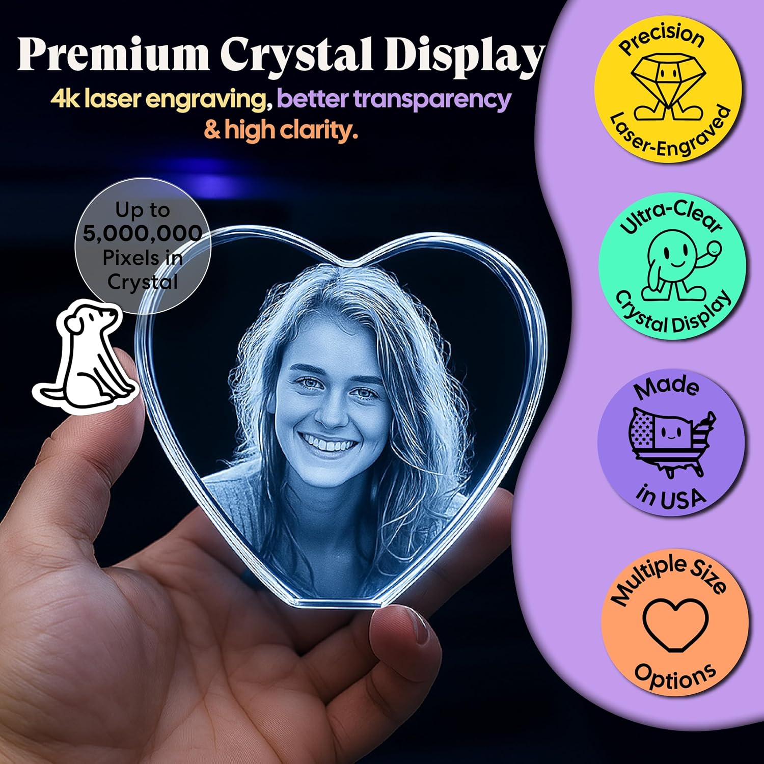 Monume 3D Crystal Heart (Medium) – Laser Engraved Personalized Crystal Photo Made from Clear-Cut Glass – Custom Photo Gifts for Weddings, Memorials, Anniversaries & More