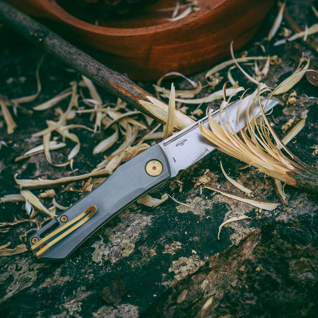 REALSTEEL Solis Slipjoint Folding Pocket Knife - Bohler N690 Satin Blade with Titanium TC4 Handle - Perfect for Camping, and Daily Cutting Tasks - EDC Knife for Men Women (Golden Hardware/Satin)
